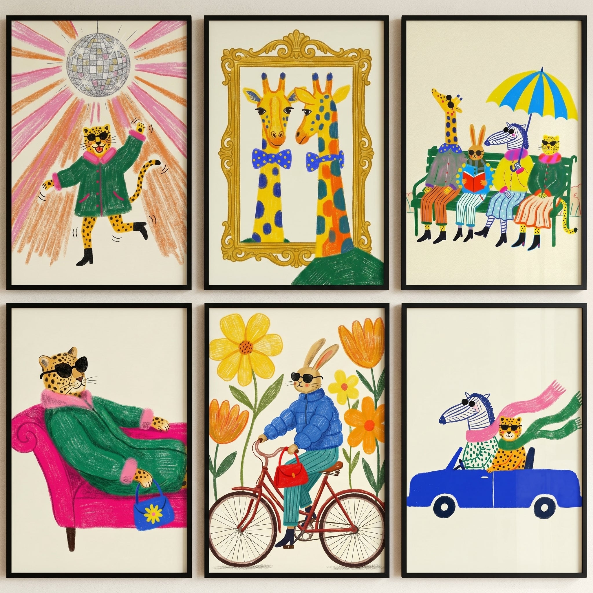 Funky Vibrant Dressed Animal Wall Art Set of 6 - Whimsical Animal Life