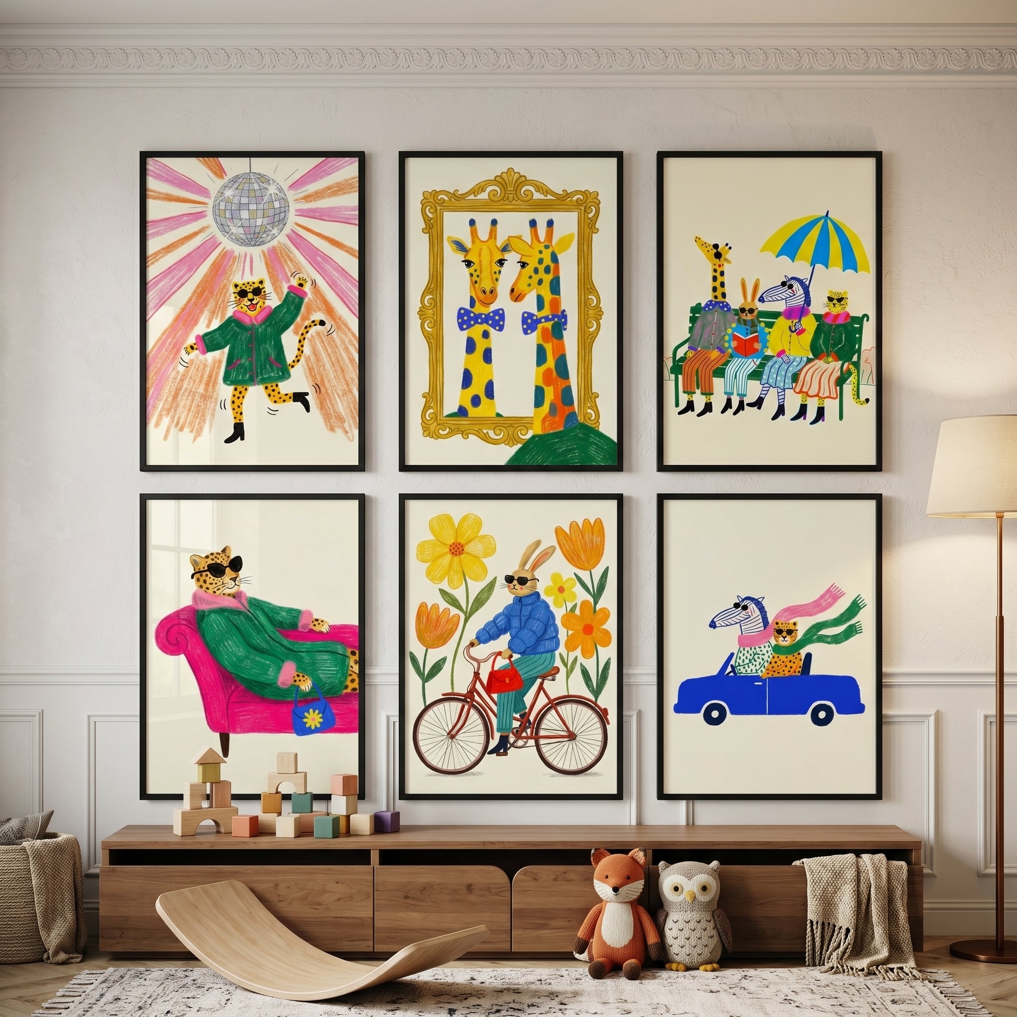 Funky Vibrant Dressed Animal Wall Art Set of 6 - Whimsical Animal Life