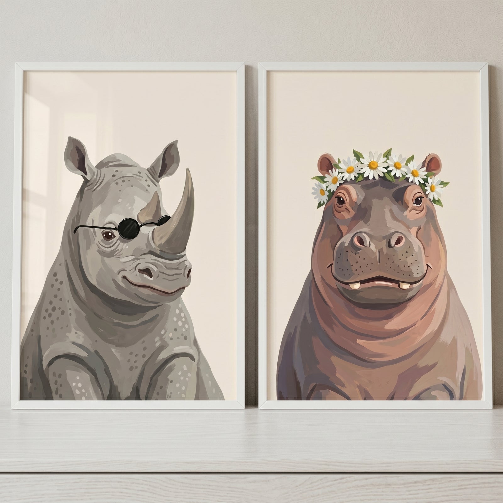 Funny accessorized safari animal wall art set of 2 featuring a rhino in sunglasses and a hippo in a flower crown.