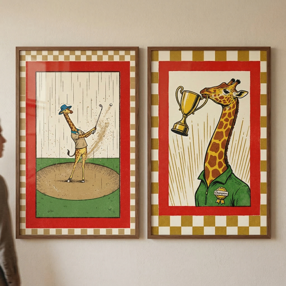 Two vertically oriented, wood-framed illustrations hang side-by-side on a plain wall. Both pieces feature a wide red border inside a gold and cream checkered pattern. 

In the left frame, a cartoon giraffe wearing a blue hat and tan vest swings a golf club while standing in a circular sand bunker. Sand and a golf ball are flying through the air against a background of thin vertical lines. 
