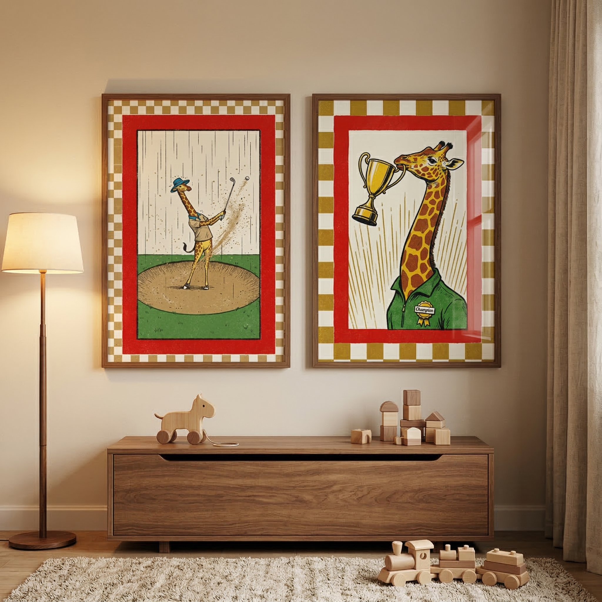 Funny Giraffe Golfer Wall Art Set of 2 - Long Neck Champion