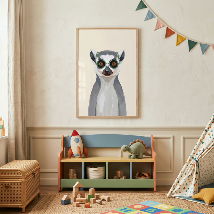 Funny green glasses lemur wall art hangs in a playroom above a storage bench with a toy rocket and dinosaur plush.