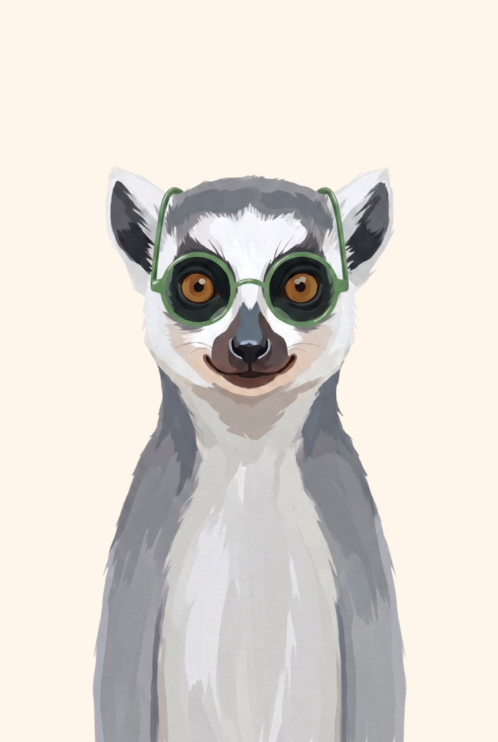 Funny green glasses lemur wall art with a ring-tailed lemur wearing round frames on a cream background.
