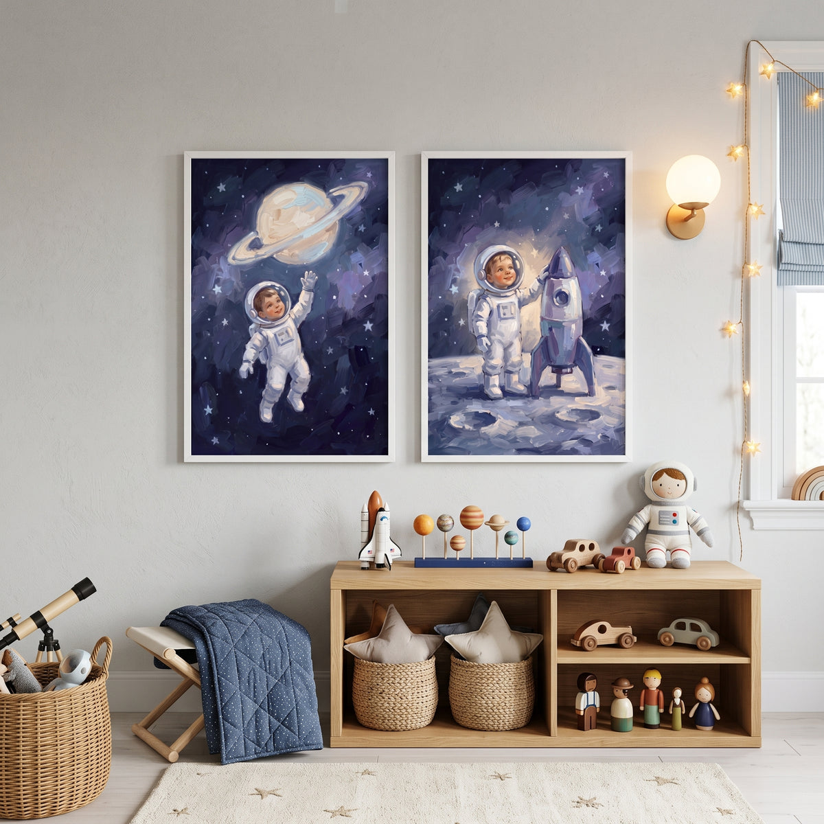 Galactic Starry Baby Astronaut Wall Art Set of 2 - Cosmic Childhood