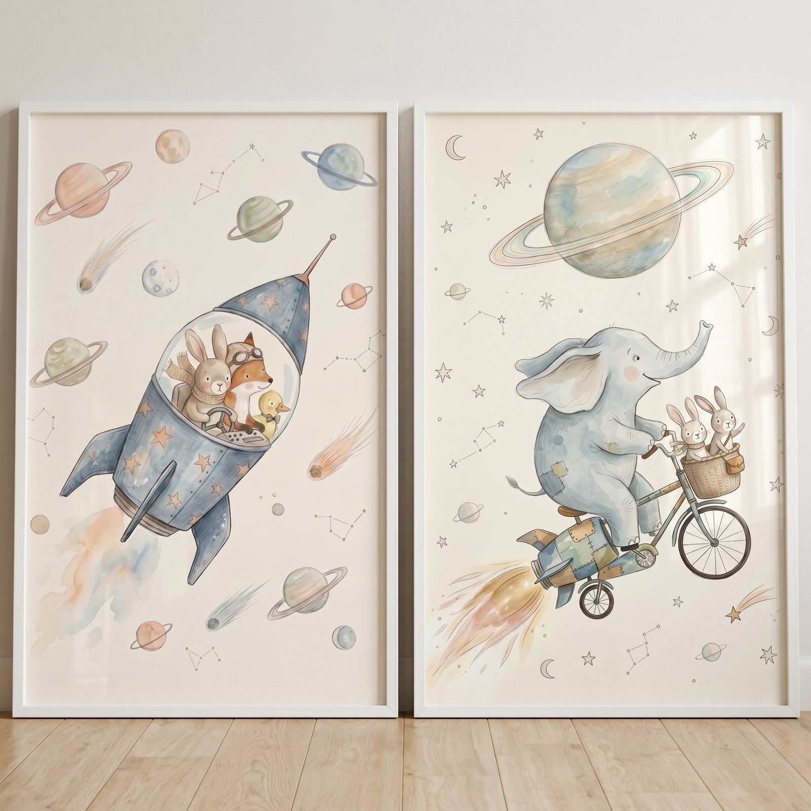 Galactic whimsical space animals artwork set of 2 featuring watercolor animals in a rocket ship and on a flying bicycle.