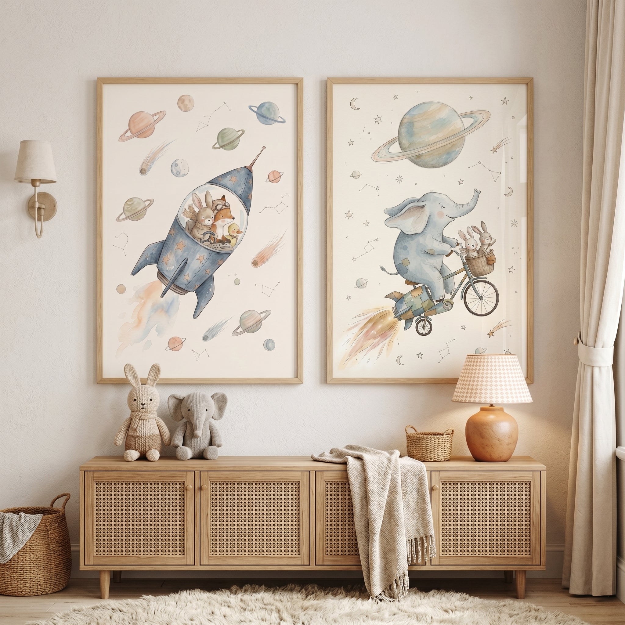 Galactic Whimsical Space Animals Artwork Set of 2 - Starry Animal Journey