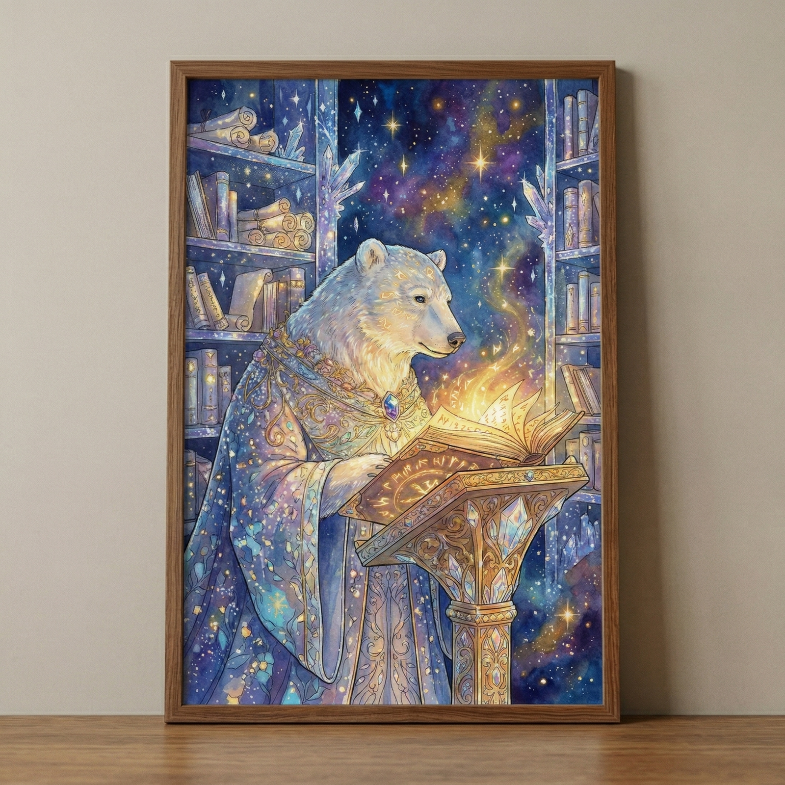 A detailed illustration of a polar bear scholar in an otherworldly library. Dressed in ornate, embroidered robes with a blue gemstone, the bear reads a glowing, ancient book resting on a golden lectern. The background features a vibrant, starry galaxy sky in shades of purple and blue. Flanking the scene are tall bookshelves filled with old books and scrolls. Crystalline accents and sparkling light effects enhance the magical atmosphere. The image is presented in a simple wooden frame.