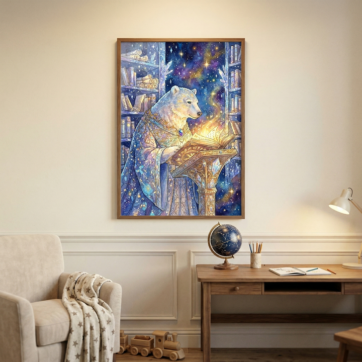 A framed piece of fantastical artwork hangs on a light-colored wall above a wooden desk. The central figure in the illustration is a white bear dressed in ornate, celestial robes, standing before a large, glowing open book on an intricate pedestal. The background of the artwork features tall shelves of books and scrolls that merge into a vibrant, starry nebula filled with swirling colors. 
In the room below the frame, a wooden desk holds a small celestial globe and a desk lamp. 