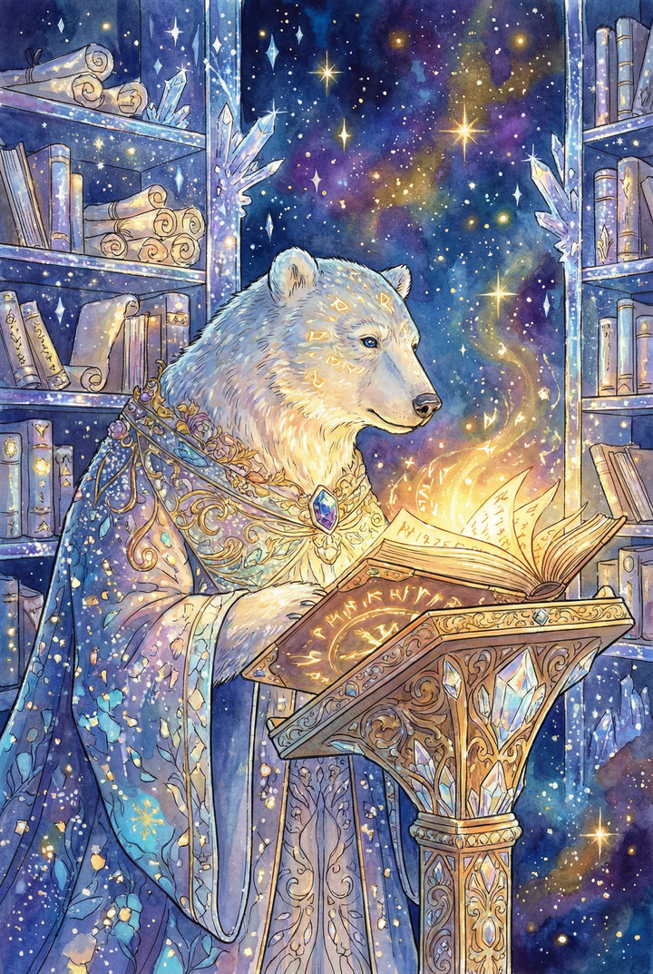 Fantasy wall art print of a white polar bear dressed in an ornate blue and gold robe reading from a glowing spellbook on a crystal carved lectern. Tall bookshelves frame the scene while stars and nebula colors fill the background like a magical night sky. Golden runes and soft light rise from the open pages, giving the artwork a celestial storybook feel.
