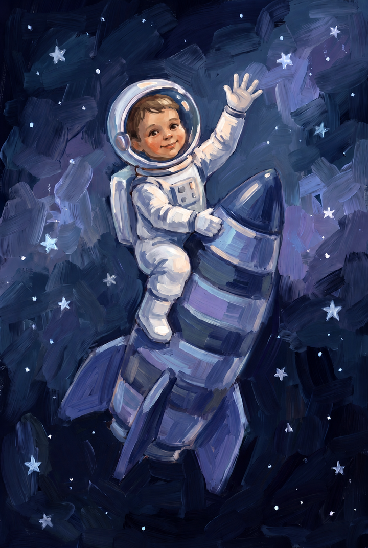 Smiling infant in a space suit waves while riding a rocket through stars in a galaxy traveler baby astronaut print.