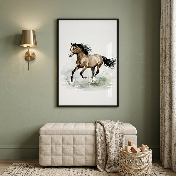Galloping brown bay horse wall art on a sage green wall above a cream tufted ottoman, beside a gold sconce.