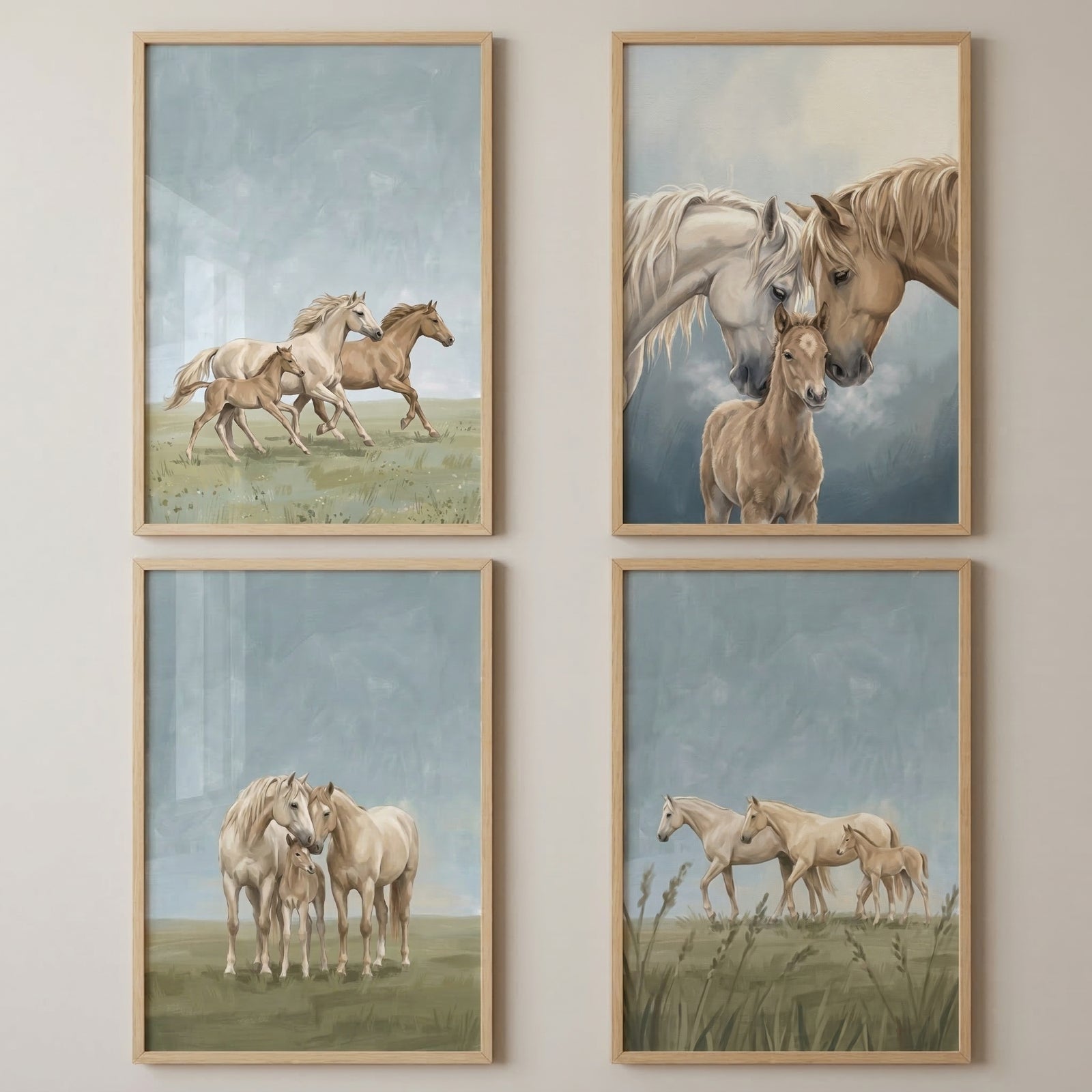 Four framed horse paintings arranged in a grid on a white wall. The scenes show two adult horses with a foal running across open grassland, two horses nuzzling a foal, a horse family standing close together, and two adult horses walking with a foal through tall grass.