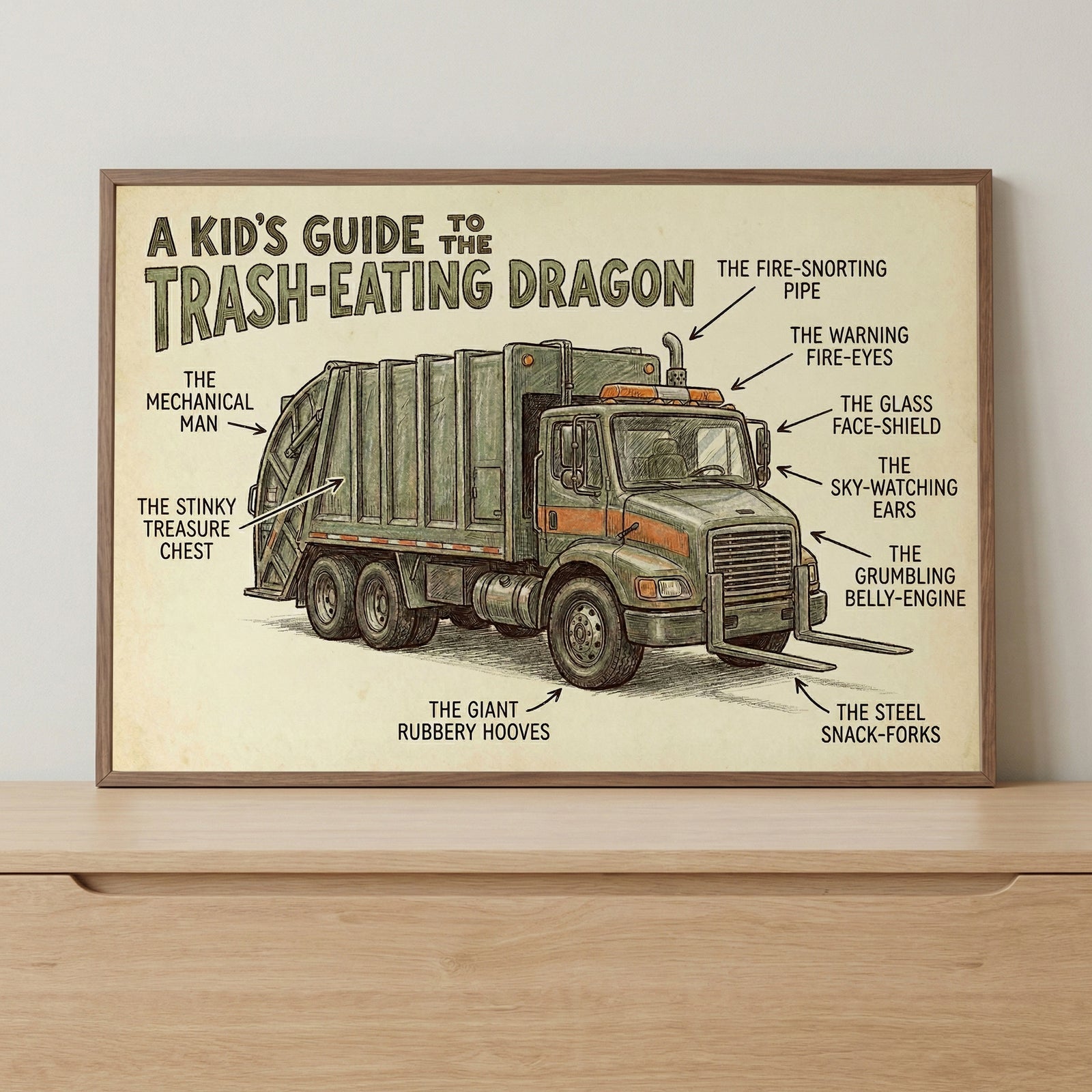 Illustrated poster titled “A Kid’s Guide to the Trash-Eating Dragon,” playfully depicting a garbage truck as a fantastical creature. The trash vehicle is labeled with imaginative parts like “the mechanical man,” “the stinky treasure chest,” and “the fire-snorting pipe,” making learning about a garbage truck fun for kids.