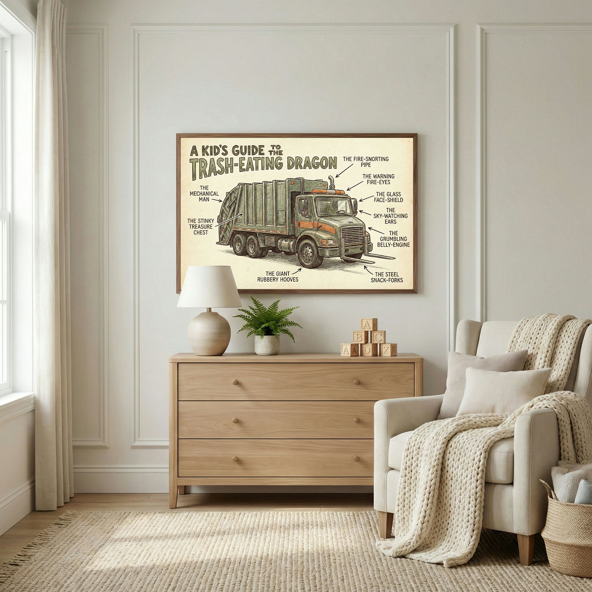 Framed illustrated poster titled “A Kid’s Guide to the Trash-Eating Dragon” featuring a labeled diagram of a garbage truck reimagined as a playful dragon. The whimsical labels point to parts like “The Fire-Snorting Pipe,” “The Grumbling Belly-Engine,” and “The Steel Snack-Forks,” and the artwork is displayed in a cozy, neutral-toned nursery above a wooden dresser.