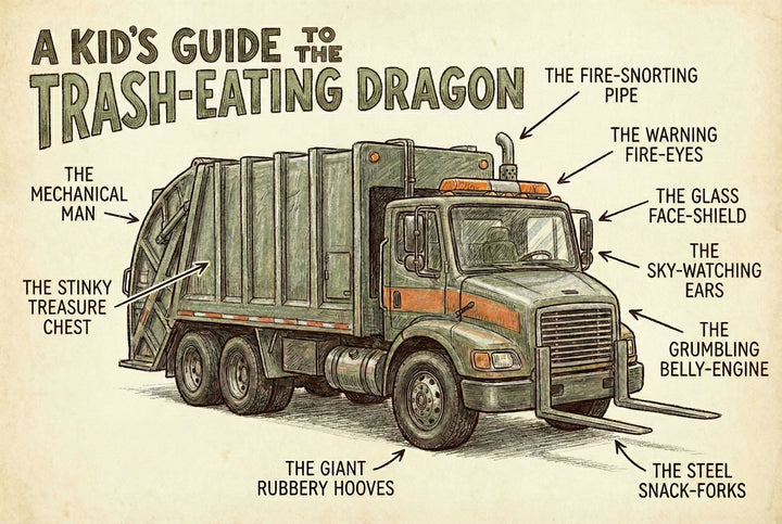 Illustrated diagram of a green garbage truck labeled as a "trash-eating dragon," with playful names for its parts like "The Fire-Snorting Pipe," "The Grumbling Belly-Engine," and "The Stinky Treasure Chest." Each truck feature is humorously reimagined, turning the vehicle into a friendly, dragon-like creature for kids.