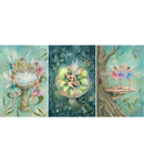  Soft watercolor triptych of fairies in an enchanted forest painted in teal green and pastel pinks. The left panel shows six winged fairies gathered around a mossy stone fountain serving tea and the center panel shows a sleeping fairy curled on a glowing mushroom surrounded by tiny lights and leaves. The right panel shows three fairies in pink lavender and blue dresses dancing in ballet poses on a wide mushroom growing from a tree trunk.

