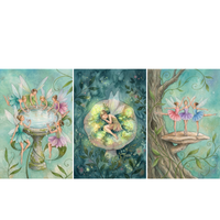  Soft watercolor triptych of fairies in an enchanted forest painted in teal green and pastel pinks. The left panel shows six winged fairies gathered around a mossy stone fountain serving tea and the center panel shows a sleeping fairy curled on a glowing mushroom surrounded by tiny lights and leaves. The right panel shows three fairies in pink lavender and blue dresses dancing in ballet poses on a wide mushroom growing from a tree trunk.

