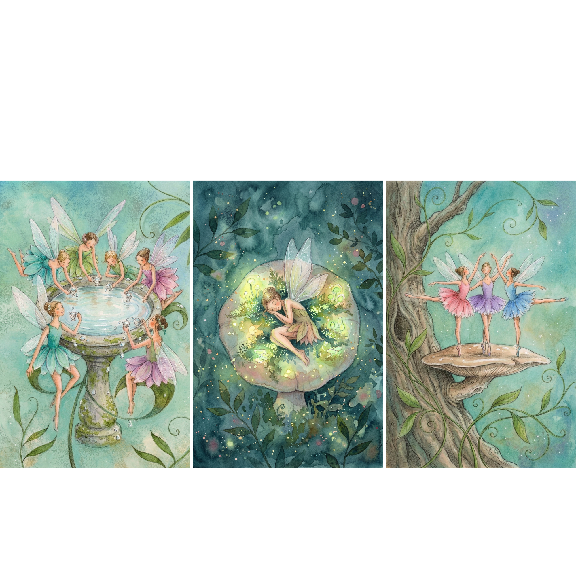  Soft watercolor triptych of fairies in an enchanted forest painted in teal green and pastel pinks. The left panel shows six winged fairies gathered around a mossy stone fountain serving tea and the center panel shows a sleeping fairy curled on a glowing mushroom surrounded by tiny lights and leaves. The right panel shows three fairies in pink lavender and blue dresses dancing in ballet poses on a wide mushroom growing from a tree trunk.

