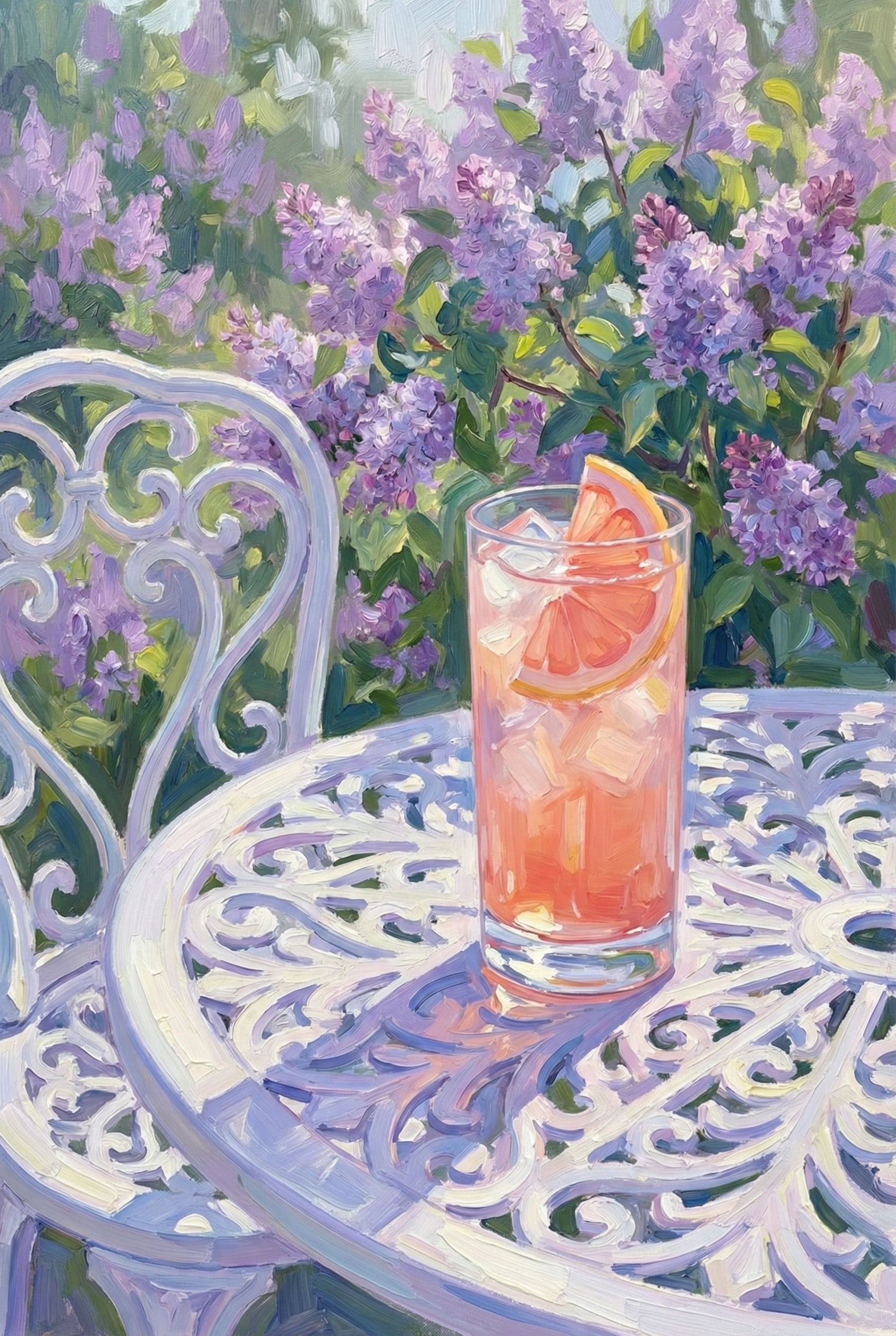 Impressionist style painting of a tall glass of pink grapefruit drink filled with ice and garnished with a citrus slice, resting on an ornate white wrought iron bistro table. Soft purple lilac blossoms and green leaves fill the background, creating a fresh garden setting with textured brushstrokes and a bright, summery feel.
