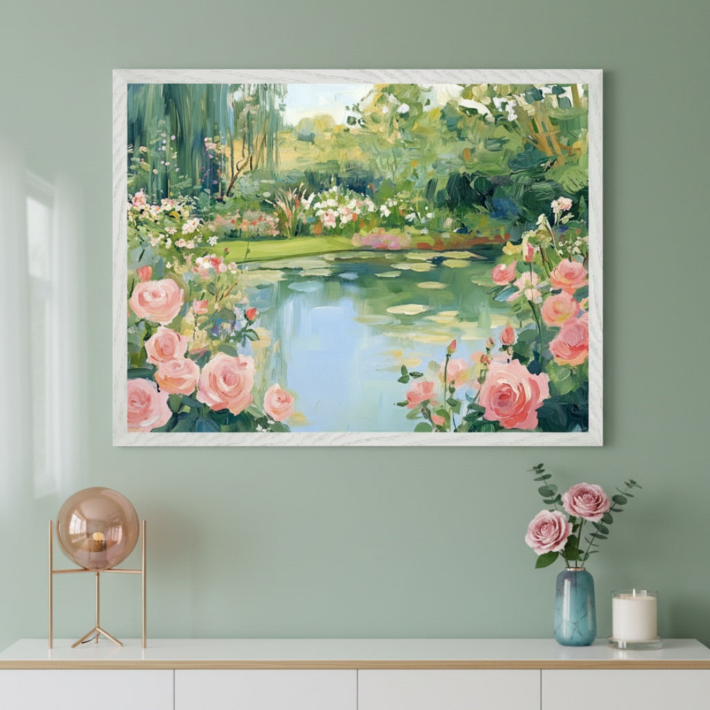 Modern room with a white console table. A large framed impressionistic painting of a lush garden with a pond and pink roses is centered above the table.
