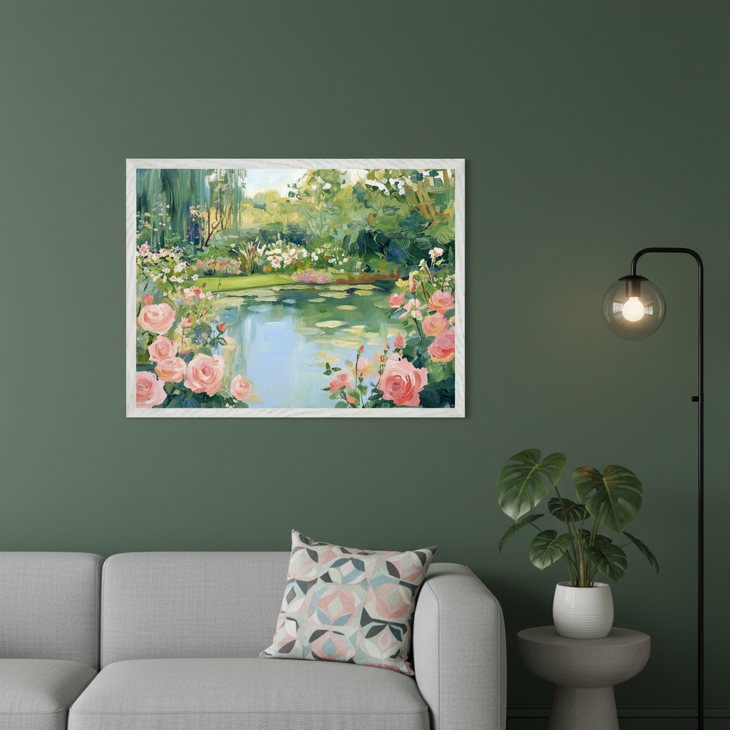 Modern living room with a grey sofa. A large framed impressionistic painting of a lush garden with a pond and pink roses hangs above the sofa. A floor lamp and potted plant are to the right.