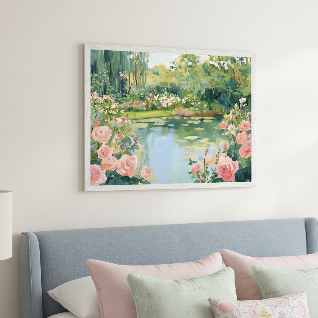 Bedroom with a light blue upholstered bed and pillows. A large framed impressionistic painting of a rose garden with a pond and water lilies hangs above the bed.
