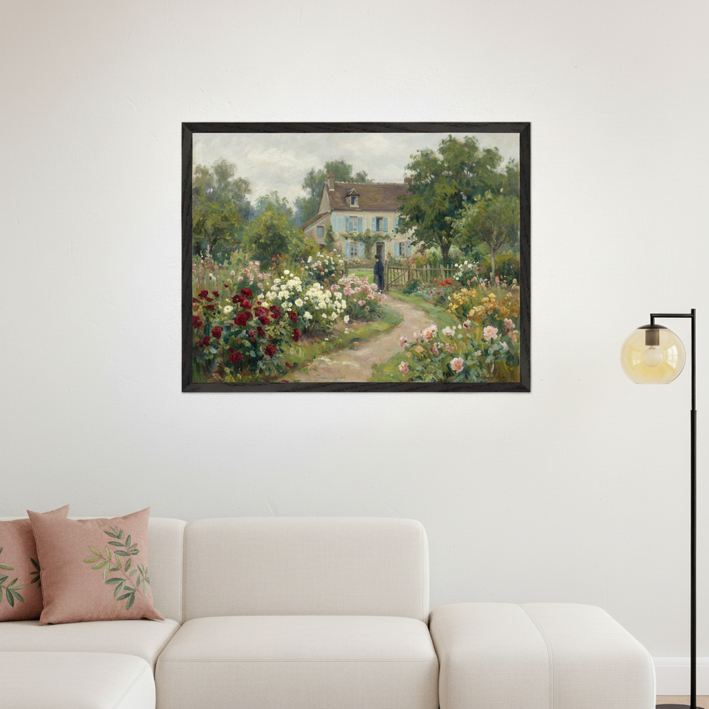 Modern living room with a white sectional sofa and two pink throw pillows. A large framed oil painting hangs above the sofa, depicting a cottage with blue shutters surrounded by a colorful rose garden with a path and a person. A black floor lamp is on the right.