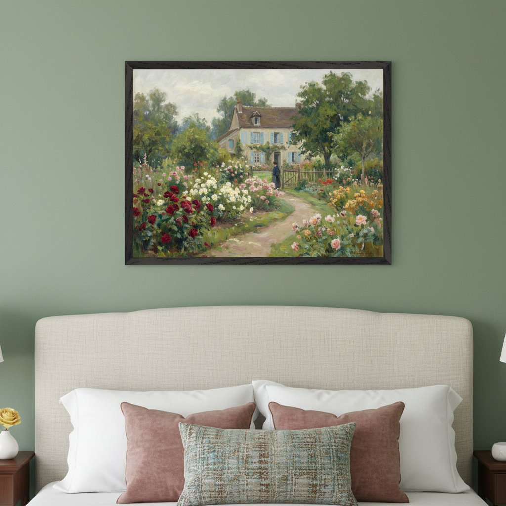 Bedroom with a beige upholstered bed. A framed painting of a country house with blue shutters and a path through a lush rose garden hangs above the headboard.