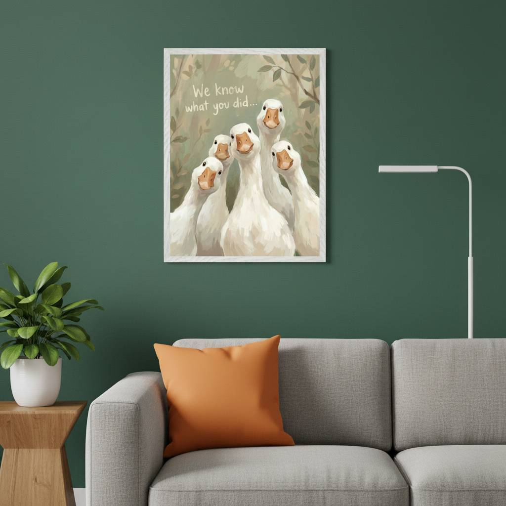 Living room with a gray sofa and a wooden side table. A white framed print of five white geese and "We know what you did..." text in a painted style hangs centered above the sofa.