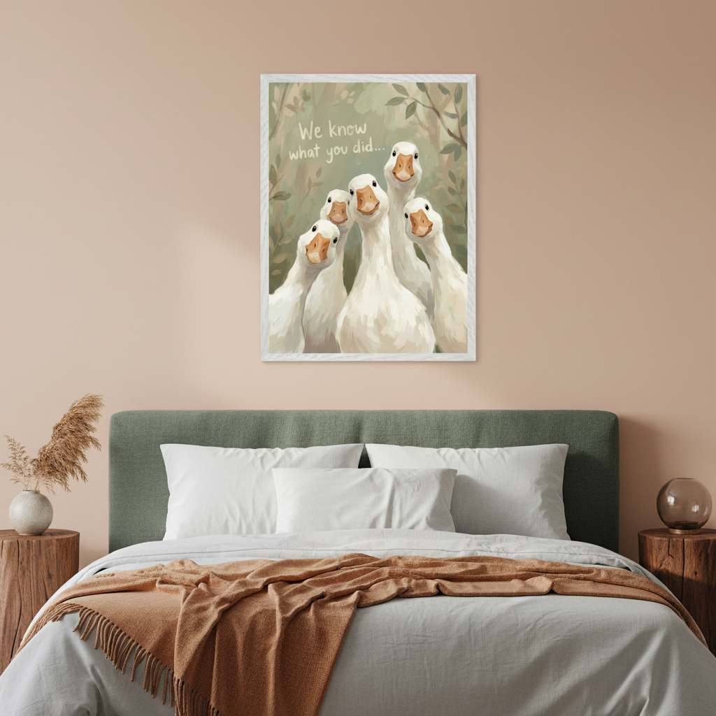 Modern bedroom with a green upholstered bed. A framed painting of five white geese staring forward with "We know what you did..." text hangs centered above the bed.