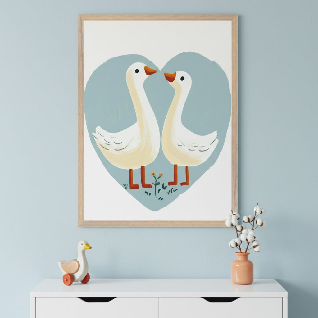 Modern kid's room with a light blue wall and white dresser. An illustrative framed print of two white geese forming a heart hangs centered above the dresser. A wooden goose toy and a vase with cotton sprigs sit on the dresser.
