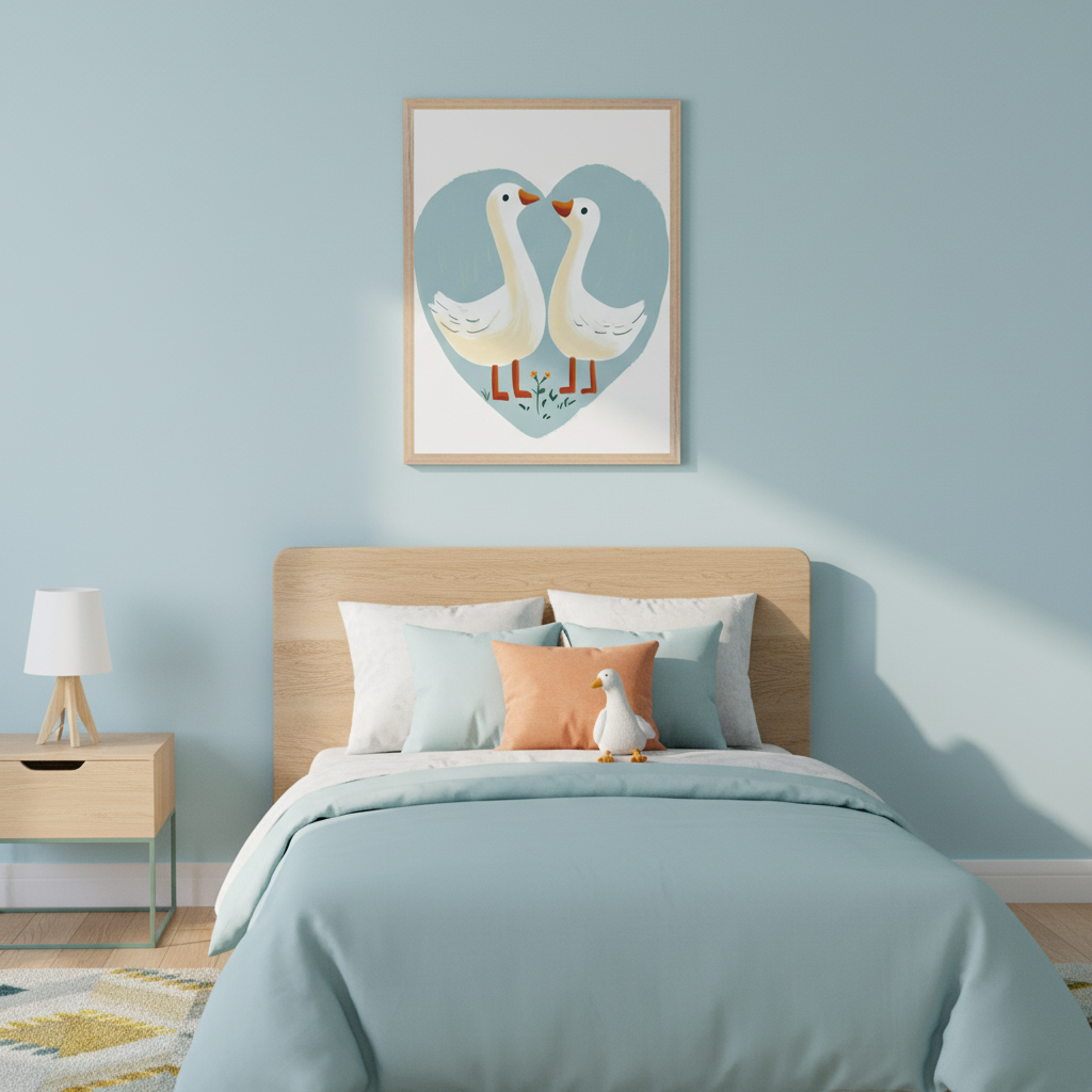 Modern kid's bedroom with a wooden bed and a nightstand. A framed illustration of two white geese with orange beaks and feet, shown inside a blue heart, hangs above the bed.