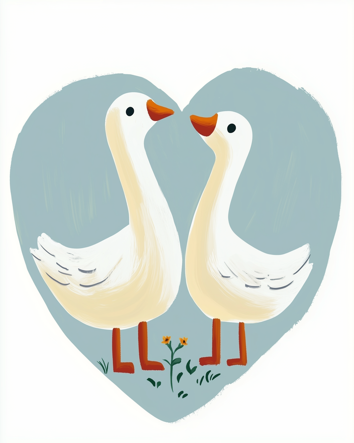 Two white geese with orange beaks and feet stand facing each other inside a heart-shaped frame. A small flower grows between them, set against a soft blue background.