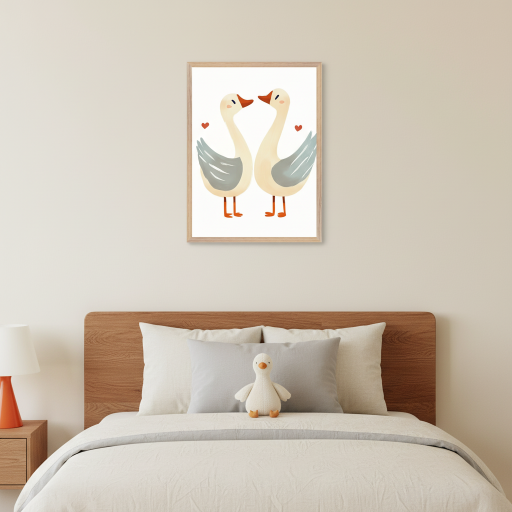 Modern child's bedroom with a wooden bed, white bedding, and a gray pillow. An orange lamp is on a wooden bedside table. Centered above the bed, a framed print shows two cartoon geese facing each other with red hearts. A white goose plush toy rests on the bed.