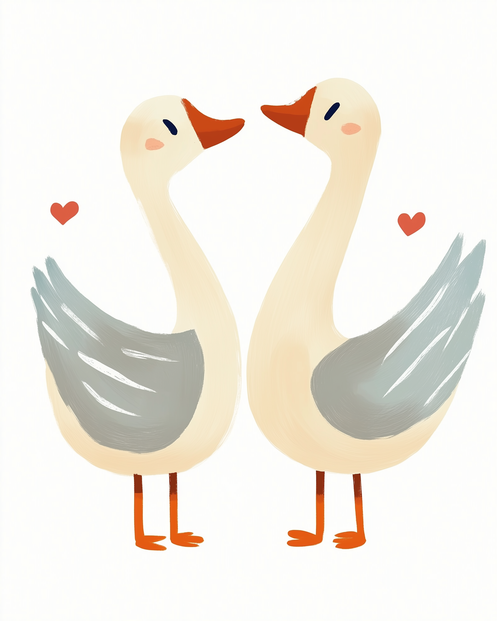 Two stylized geese with orange beaks and feet face each other, surrounded by small red hearts, suggesting a theme of affection or love.