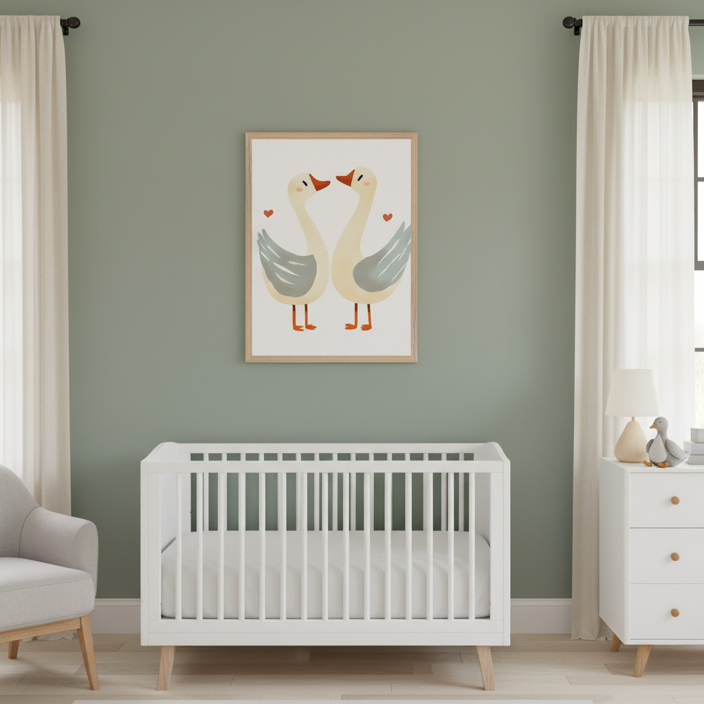 Modern nursery with a light green wall. A framed print of two cartoon geese with red hearts facing each other hangs centered above a white crib. A gray armchair is on the left, and a white dresser is on the right.