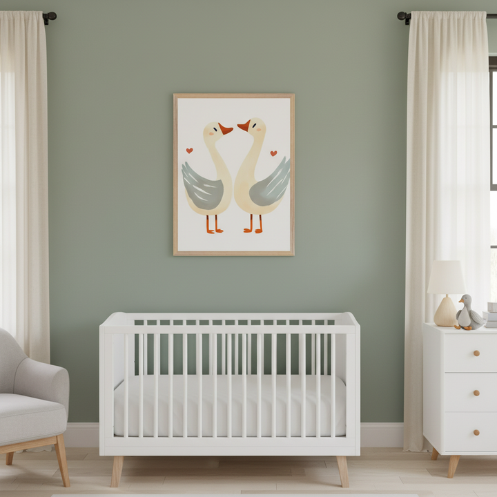 Modern nursery with a light green wall. A framed print of two cartoon geese with red hearts facing each other hangs centered above a white crib. A gray armchair is on the left, and a white dresser is on the right.