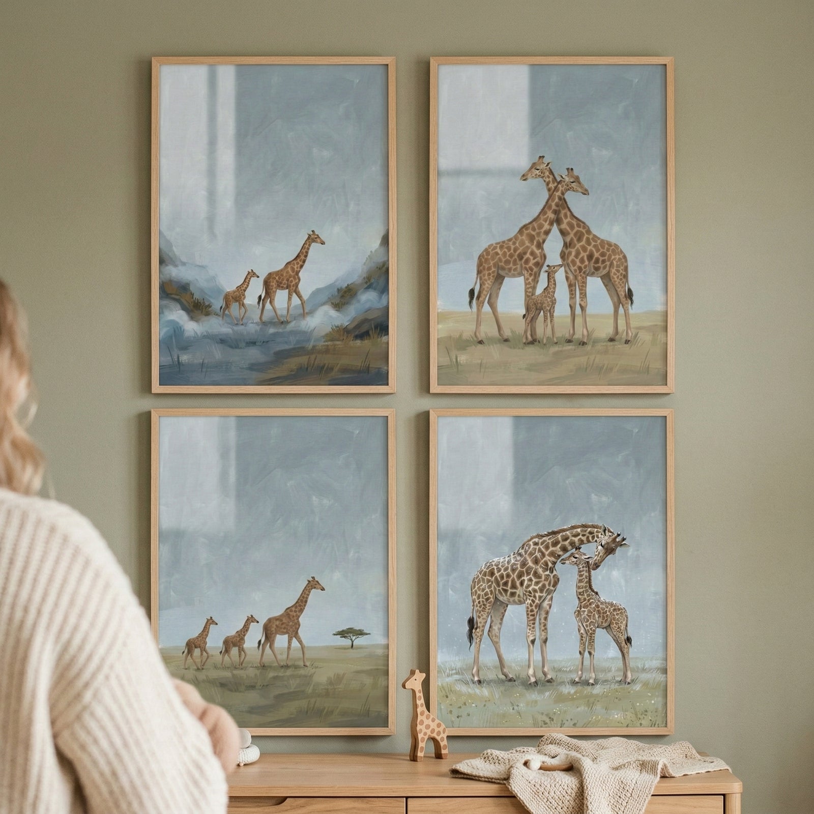 A set of four light-wood framed illustrations is arranged in a 2x2 grid on a muted green wall. Each piece features giraffes in soft, natural landscapes with a gentle color palette of blues, tans, and greens. The scenes show adult and young giraffes walking, standing together, or nuzzling in various settings like misty hills or grassy plains. Below, a small wooden giraffe toy sits on a wooden surface next to a soft, folded cloth. A person in a cream knit sweater is partially visible on the left.