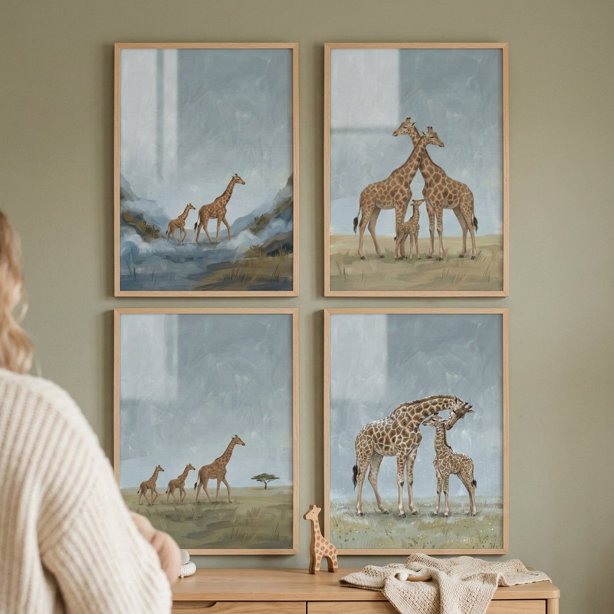 Gender Neutral Giraffe Wall Art Set of 4 - Serene Giraffe Family