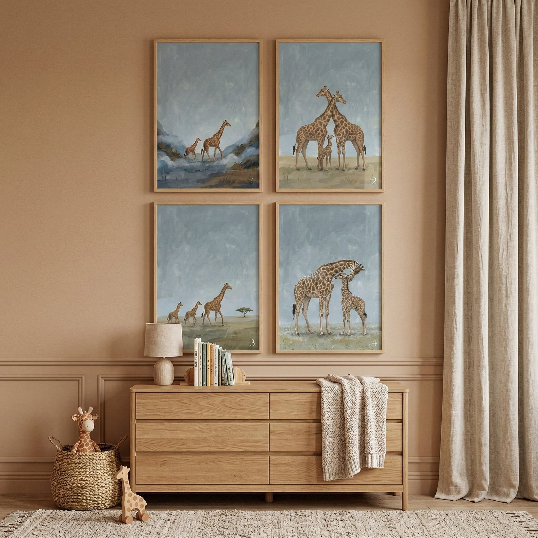 Gender Neutral Giraffe Wall Art Set of 4 - Serene Giraffe Family