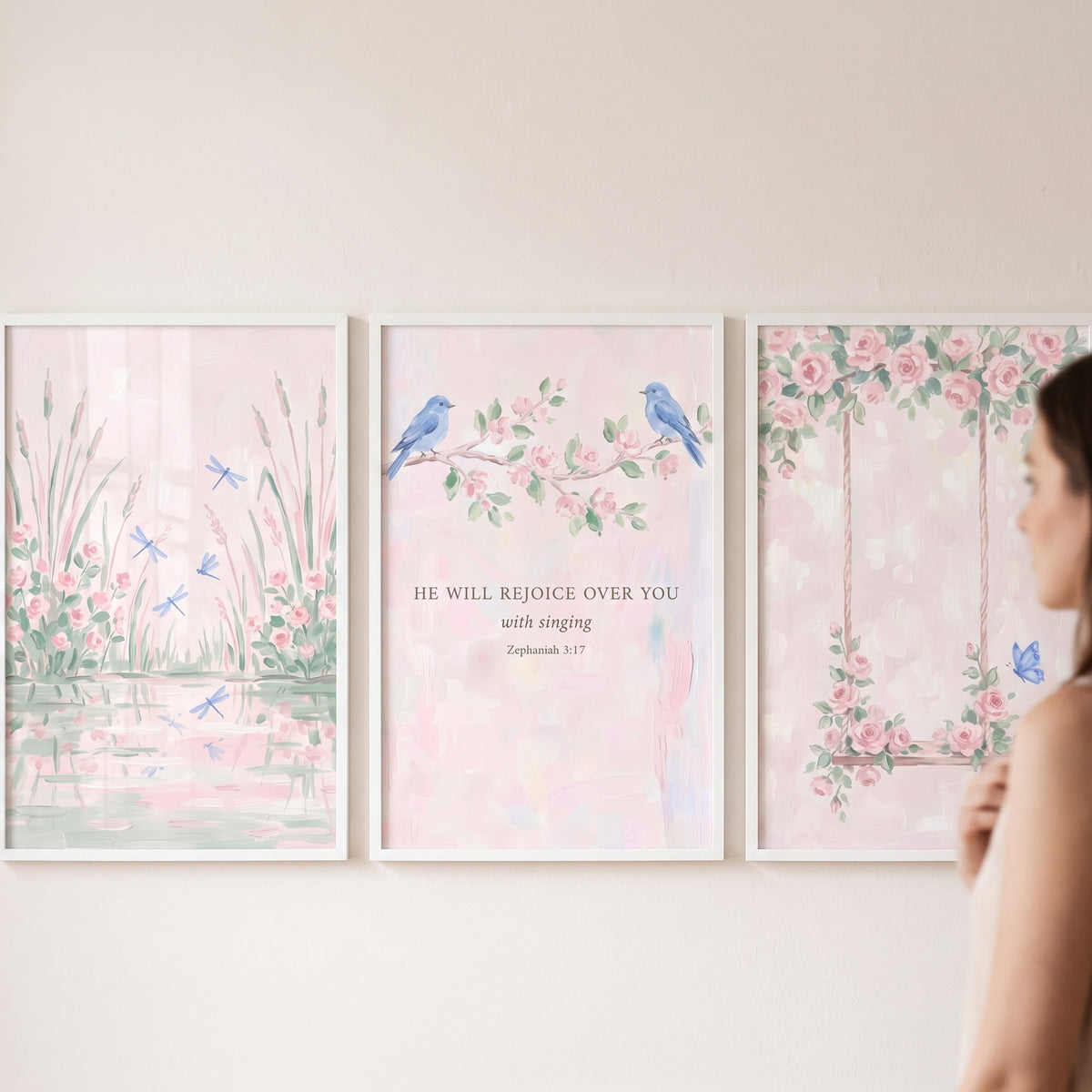 Gentle blush pink garden wall art set of 3 featuring a pond, blue birds with a verse, and a floral garden swing.