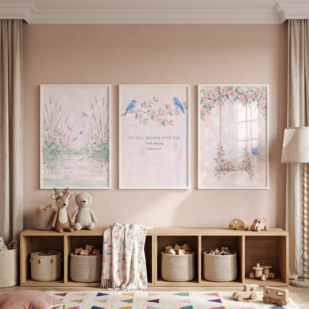Gentle Blush Pink Garden Wall Art Set of 3 - Peaceful Scripture Flowers