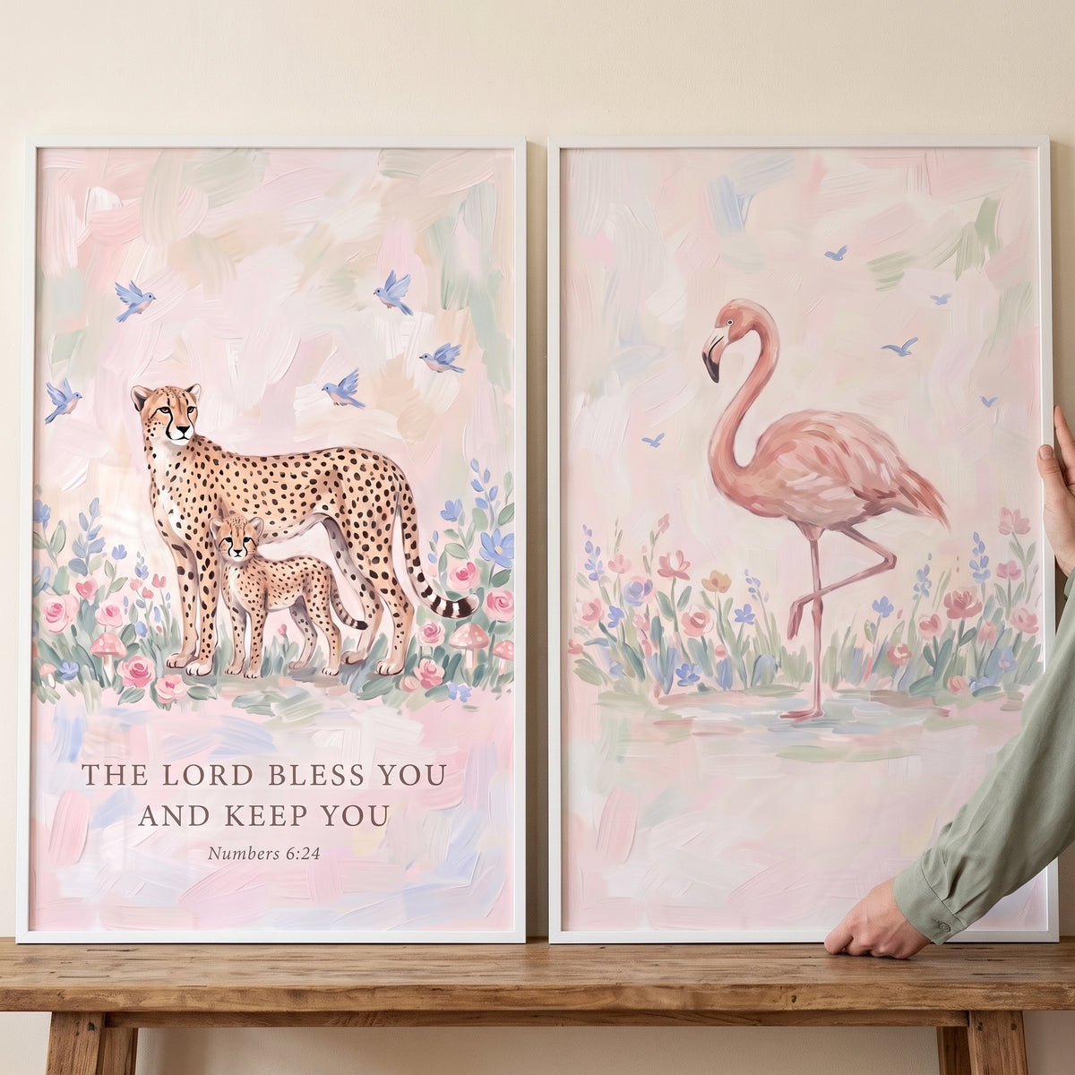 Gentle botanical savanna animals wall art set of 2 with a cheetah mother, cub, flamingo, and biblical blessing in pastel.
