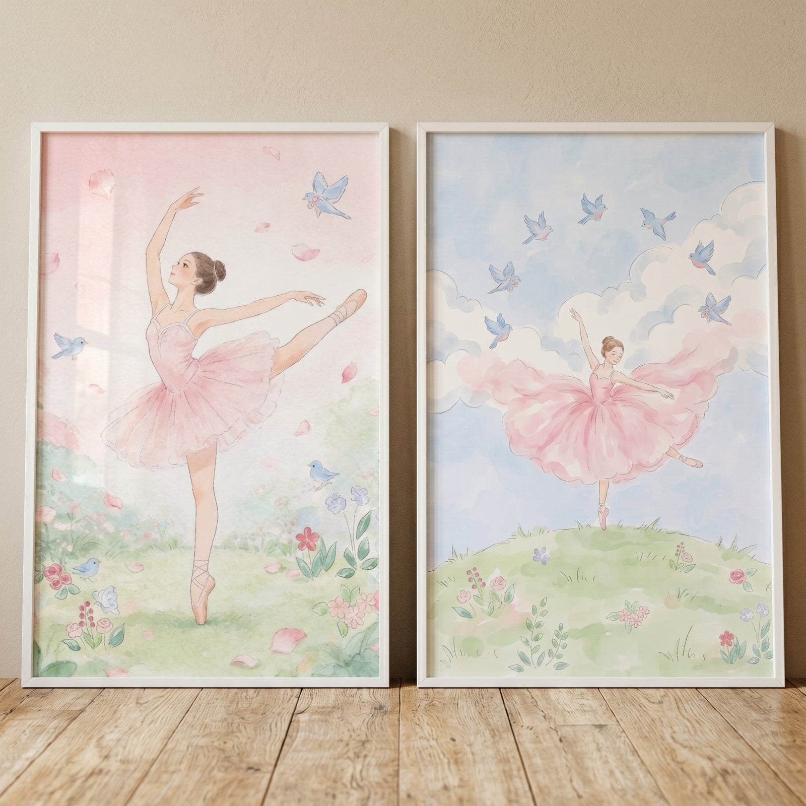Gentle dancing ballerina wall art set of 2 featuring ballerinas in pink tutus, blue birds, and soft garden scenes.