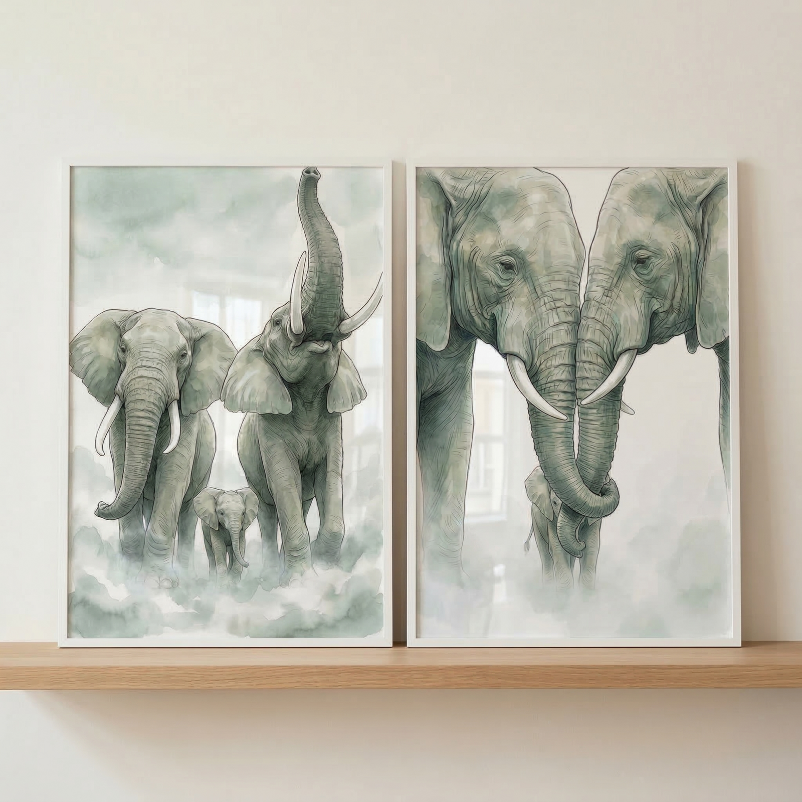 Two vertical white-framed illustrations rest on a light wood shelf against a plain wall. Each piece features a soft, misty depiction of elephants in muted green and gray tones. The left artwork shows two adult elephants and a small calf; one adult has its trunk raised high. The right artwork depicts two large adult elephants with their trunks entwined, with a calf standing between them. The style uses light washes of color to create a serene, atmospheric scene of an elephant family.