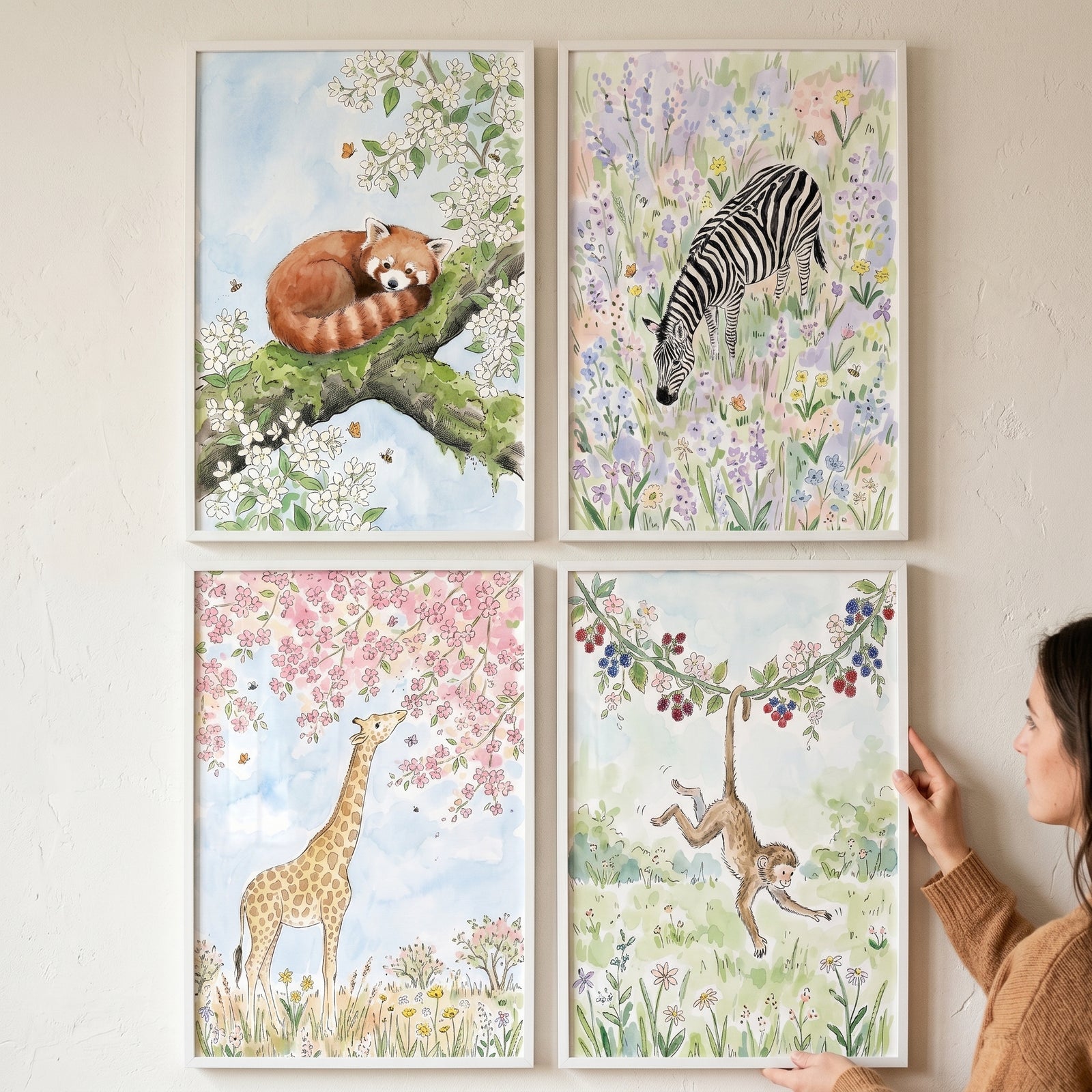 Gentle floral safari animal wall art set of 4 featuring watercolor red panda, zebra, giraffe, and monkey illustrations.