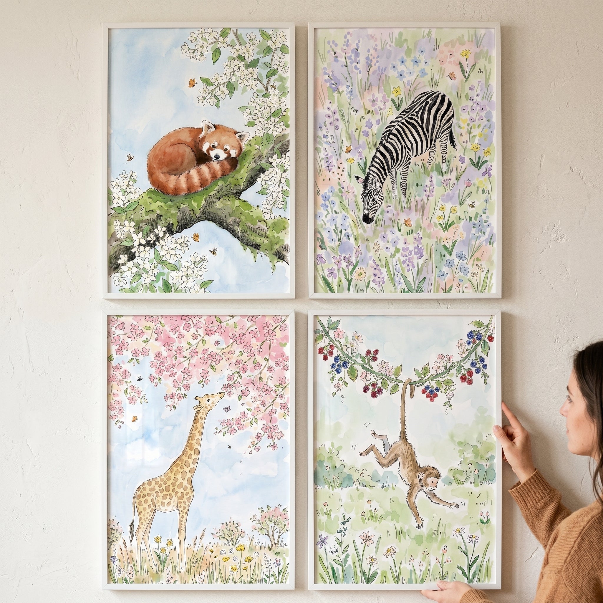 Gentle Floral Safari Animal Wall Art Set of 4 - Wild Blossom Friends