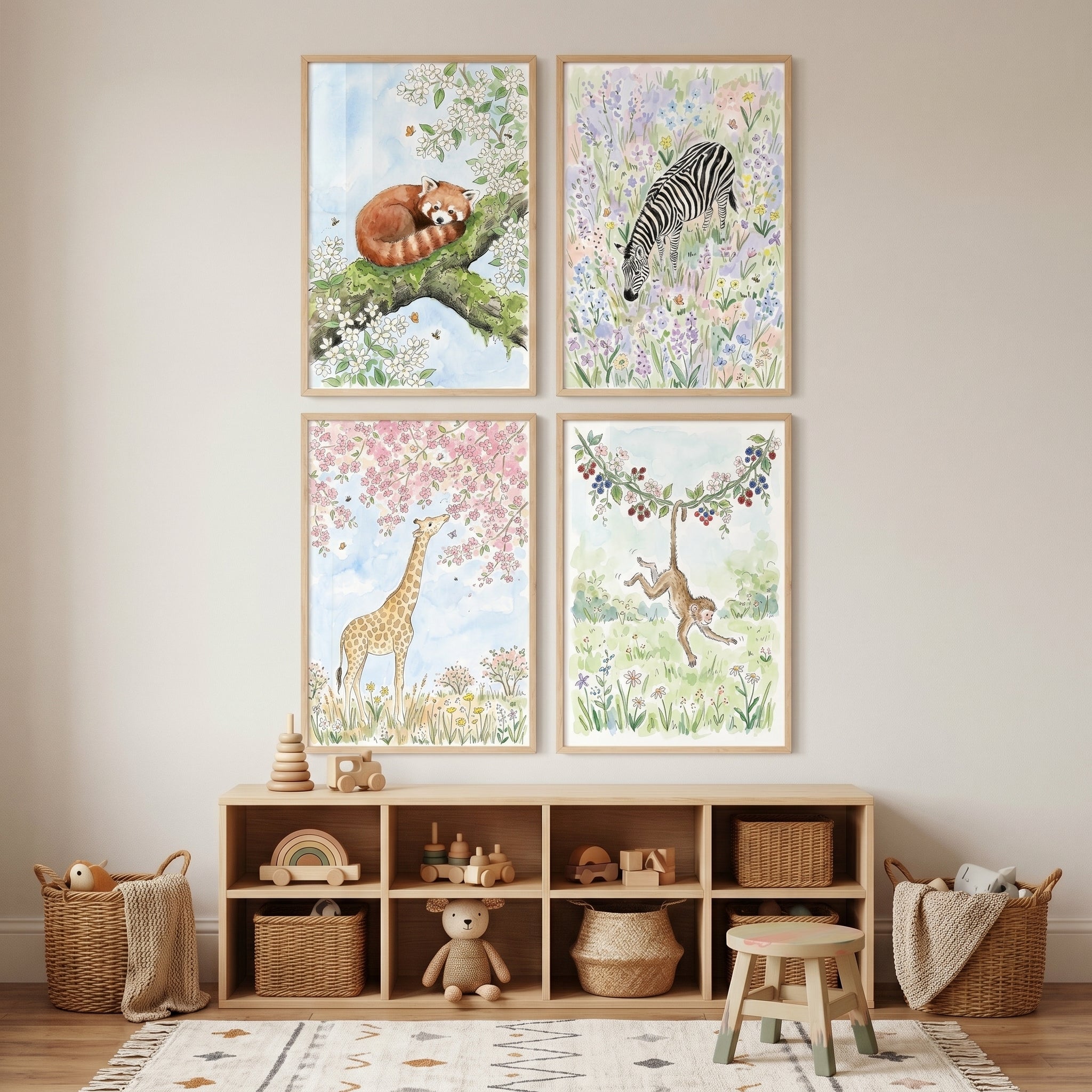 Gentle Floral Safari Animal Wall Art Set of 4 - Wild Blossom Friends