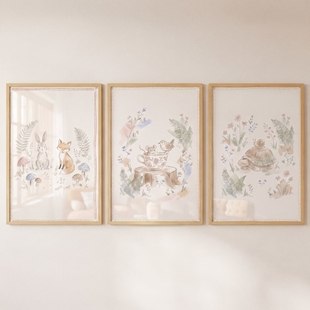 Gentle garden animal wall art set of 3 with watercolor illustrations of a rabbit, fox, mouse, bird, and turtle.