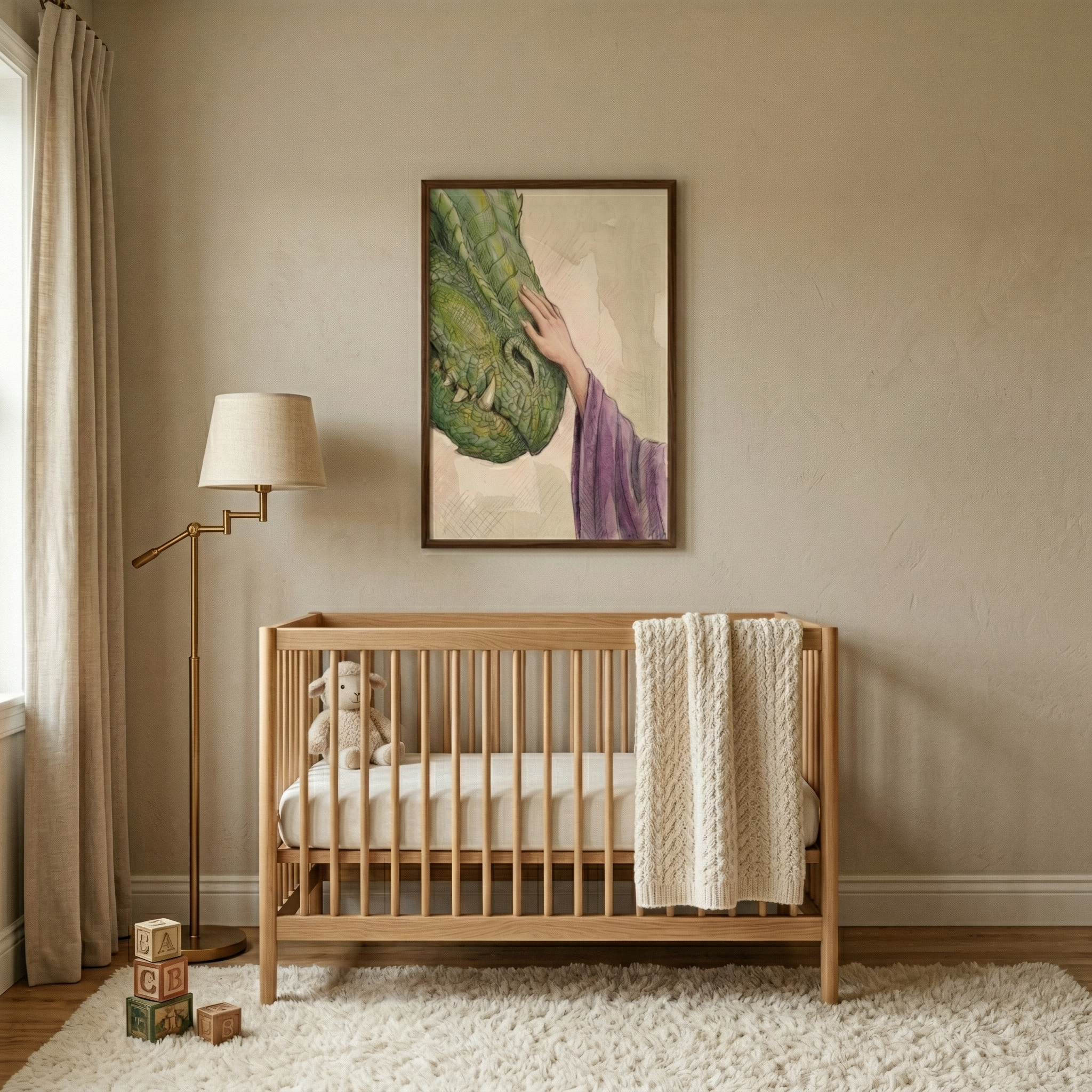 A serene and minimalist nursery is shown, decorated in a calming palette of neutral earth tones. In the center of the room, a light-colored wooden crib sits against a beige wall. A thick, cream-colored cable-knit blanket is draped over the end of the crib, and a small stuffed lamb is nestled inside on the mattress.
Centered on the wall above the crib is a dark-framed artwork. The illustration depicts a hand in a flowing purple robe, representing Jesus.